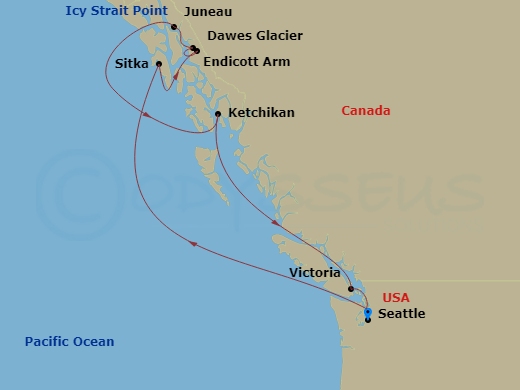 11 Night - Bliss Denali Explorer - Pre Cruisetour - Norwegian Bliss Tours - Starting in At Hotel, Seattle, Wa, Sitka, Ak, Endicott Arm / Dawes Glacier, Juneau, Ak, Icy Strait Point, Ak, Ketchikan (Ward Cove), Ak, Victoria CA, Canada, Seattle, Wa itinerary map