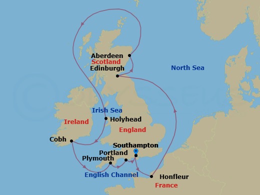 10 Night - Southampton to Southampton - Silver Spirit - Starting in Southampton, Honfleur, Newhaven (Edinburgh), Scotland, Aberdeen, Holyhead, Cobh, Plymouth, England, Portland UK, Southampton itinerary map