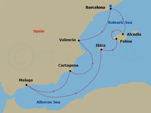 8 Night - Barcelona to Barcelona - Silver Ray - Starting in Barcelona, Valencia, Cartagena ES, Spain, Malaga (Costa del Sol), Ibiza, Palma De Mallorca, Alcudia, Mallorca, Barcelona itinerary map