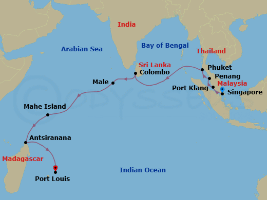 17 Night - Discoveries of Wonder & Joy - Seven Seas Mariner - Starting in Singapore, Kuala Lumpur (Port Klang), Penang, Phuket, Cruising the Bay of Bengal, Colombo, Cruising the Laccadive Sea, Male, Cruising the Indian Ocean, Mahe, Cruising the Mozambique Channel, Antsiranana, Cruising the Indian Ocean, Port Louis itinerary map