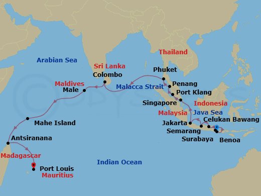 25 Night - Serene Edens - Seven Seas Mariner - Starting in Bali (Benoa), Celukan Bawang (Bali), Surabaya, Semarang (Java), Jakarta, Cruising the Java Sea, Singapore, Kuala Lumpur (Port Klang), Penang, Phuket, Cruising the Bay of Bengal, Colombo, Cruising the Laccadive Sea, Male, Cruising the Indian Ocean, Mahe, Cruising the Mozambique Channel, Antsiranana, Cruising the Indian Ocean, Port Louis itinerary map