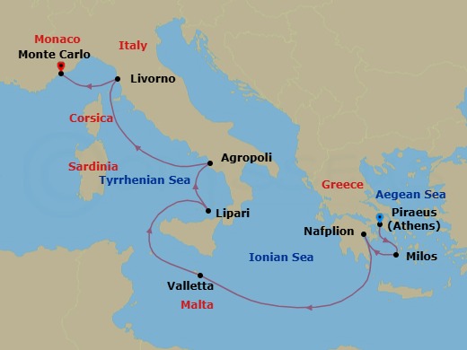 10 Night - Athens to Monte Carlo - Silver Shadow - Starting in Athens (Piraeus), Milos, Nafplion, Valletta, Lipari Island, Agropoli, Livorno (Tuscany), Monte Carlo itinerary map