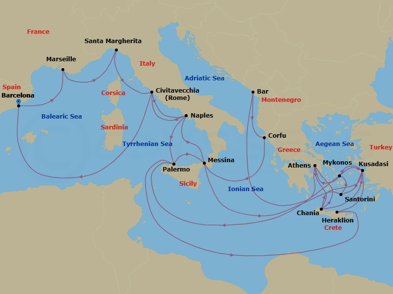 31 Night - The Best of the Mediterranean - Sun Princess - Starting in Barcelona, Spain, Marseille (Provence), France, Santa Margherita, Italy, Civitavecchia (for Rome), Italy, Naples, Italy (for Capri and Pompeii), Sicily (Palermo), Italy, Crete (Heraklion), Greece, Kusadasi, Turkey (for Ephesus), Mykonos, Greece, Athens (Piraeus), Greece, Montenegro, Corfu, Greece, Sicily (Messina), Italy, Santorini, Greece, Mykonos, Greece, Kusadasi, Turkey (for Ephesus), Crete (Chania), Greece, Athens (Piraeus), Greece, Crete (Chania), Greece, Kusadasi, Turkey (for Ephesus), Santorini, Greece, Mykonos, Greece, Sicily (Palermo), Italy, Sicily (Messina), Italy, Naples, Italy (for Capri and Pompeii), Civitavecchia (for Rome), Italy, Barcelona, Spain itinerary map