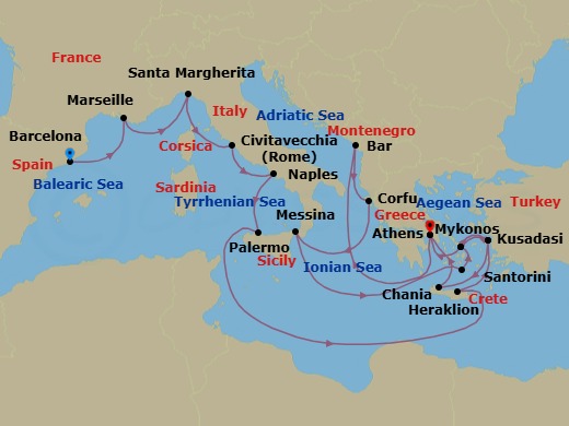 20 Night - The Best of the Mediterranean - Sun Princess - Starting in Barcelona, Spain, Marseille (Provence), France, Santa Margherita, Italy, Civitavecchia (for Rome), Italy, Naples, Italy (for Capri and Pompeii), Sicily (Palermo), Italy, Crete (Heraklion), Greece, Kusadasi, Turkey (for Ephesus), Mykonos, Greece, Athens (Piraeus), Greece, Montenegro, Corfu, Greece, Sicily (Messina), Italy, Santorini, Greece, Mykonos, Greece, Kusadasi, Turkey (for Ephesus), Crete (Chania), Greece, Athens (Piraeus), Greece itinerary map