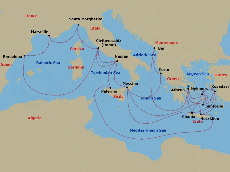 31 Night - The Best of the Mediterranean - Sun Princess - Starting in Athens (Piraeus), Greece, Montenegro, Corfu, Greece, Sicily (Messina), Italy, Santorini, Greece, Mykonos, Greece, Kusadasi, Turkey (for Ephesus), Crete (Chania), Greece, Athens (Piraeus), Greece, Crete (Heraklion), Greece, Kusadasi, Turkey (for Ephesus), Santorini, Greece, Mykonos, Greece, Crete (Chania), Greece, Sicily (Messina), Italy, Naples, Italy (for Capri and Pompeii), Civitavecchia (for Rome), Italy, Barcelona, Spain, Marseille (Provence), France, Santa Margherita, Italy, Civitavecchia (for Rome), Italy, Naples, Italy (for Capri and Pompeii), Sicily (Palermo), Italy, Crete (Heraklion), Greece, Kusadasi, Turkey (for Ephesus), Mykonos, Greece, Athens (Piraeus), Greece itinerary map