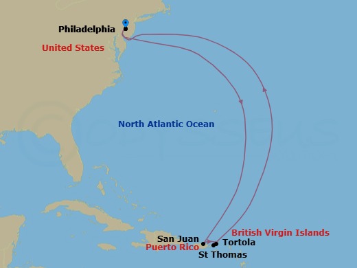 10 Night - Caribbean-Philadelphia - Norwegian Pearl - Starting in Philadelphia, Pa, San Juan, Pr, Tortola, British Virgin Islands, St Thomas, Vi, Philadelphia, Pa itinerary map