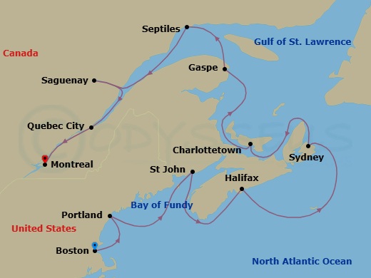 11 Night - Magnifique L'automne - Seven Seas Splendor - Starting in Boston, Portland ME, Saint John NB (Bay of Fundy), Halifax, Sydney NS, Charlottetown, Cruising the Gulf of St Lawrence, Gaspesie, Sept-Iles, Saguenay, Quebec City, Montreal itinerary map