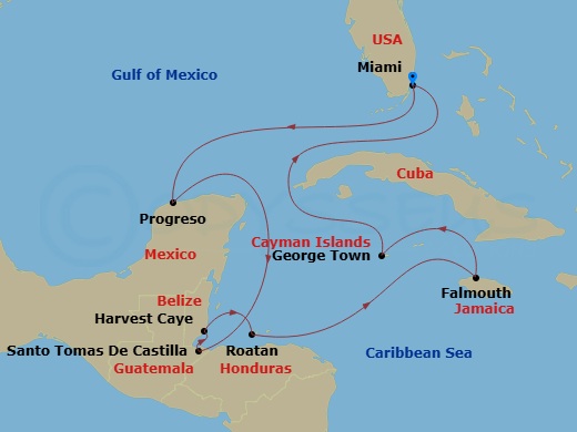 11 Night - Azure Elegance - Seven Seas Prestige - Starting in Miami, Cruising the Florida Straits, Progreso, Cruising the Caribbean Sea, Santo Tomas De Castilla, Harvest Caye, Roatan, Cruising the Caribbean Sea, Falmouth, George Town, Cruising the Straits of Florida, Miami itinerary map