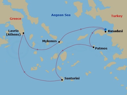 3 Night - Iconic Greek Islands - Celestyal Discovery - Starting in Kusadasi, Patmos, Santorini, Lavrion, Athens, Mykonos, Kusadasi itinerary map