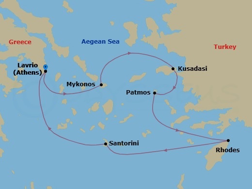 4 Night - Iconic Greek Islands - (Mar & Nov) - Celestyal Discovery - Starting in Lavrion, Athens, Mykonos, Kusadasi, Patmos, Rhodes, Santorini, Lavrion, Athens itinerary map