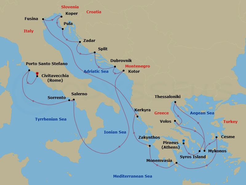 21 Night - Greece & Croatia Combination Cruise : Syros, Mykonos & Kotor - Azamara Onward - Starting in Athens (Piraeus), Syros, Thessaloniki, Volos, Mykonos, Cesme, Monemvasia, Zakynthos, Corfu, Venice (Fusina), Koper, Pula, Zadar, Split, Dubrovnik, Croatia, Kotor, Amalfi Coast (Salerno), Sorrento, Porto Santo Stefano, Rome (Civitavecchia) itinerary map