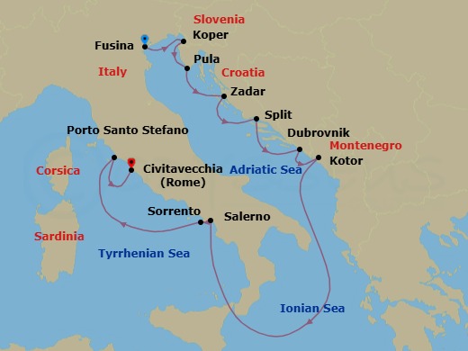 11 Night - Italy & Croatia Cruise : Venice, Dubrovnik & Rome - Azamara Onward - Starting in Venice (Fusina), Koper, Pula, Zadar, Split, Dubrovnik, Croatia, Kotor, Amalfi Coast (Salerno), Sorrento, Porto Santo Stefano, Rome (Civitavecchia) itinerary map