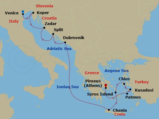 11 Night - Croatia & Greece Cruise : Split, Dubrovnik & Syros - Azamara Onward - Starting in Venice, Koper, Zadar, Split, Dubrovnik, Croatia, Chania, Crete, Syros, Chios, Ephesus (Kusadasi), Patmos, Athens (Piraeus) itinerary map