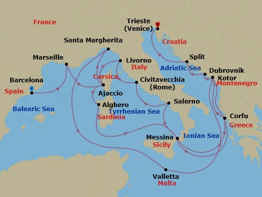 21 Night - The Best of the Mediterranean - Enchanted Princess - Starting in Barcelona, Spain, Marseille (Provence), France, Corsica (Ajaccio), France, Santa Margherita, Italy, Valletta, Malta, Kotor, Montenegro, Corfu, Greece, Sicily (Messina), Italy, Amalfi Coast (Salerno), Civitavecchia (for Rome), Italy, Livorno (for Florence / Pisa), Italy, Corsica (Ajaccio), France, Sardinia (Alghero), Italy, Sicily (Messina), Italy, Corfu, Greece, Kotor, Montenegro, Dubrovnik, Croatia, Split, Croatia, Trieste (for Venice), Italy itinerary map