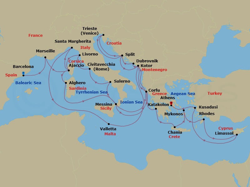32 Night - The Best of the Mediterranean - Enchanted Princess - Starting in Barcelona, Spain, Marseille (Provence), France, Corsica (Ajaccio), France, Santa Margherita, Italy, Valletta, Malta, Kotor, Montenegro, Corfu, Greece, Sicily (Messina), Italy, Amalfi Coast (Salerno), Civitavecchia (for Rome), Italy, Livorno (for Florence / Pisa), Italy, Corsica (Ajaccio), France, Sardinia (Alghero), Italy, Sicily (Messina), Italy, Corfu, Greece, Kotor, Montenegro, Dubrovnik, Croatia, Split, Croatia, Trieste (for Venice), Italy, Split, Croatia, Kotor, Montenegro, Corfu, Greece, Katakolon (for Olympia), Greece, Crete (Chania), Greece, Mykonos, Greece, Rhodes, Greece, Limassol, Cyprus, Kusadasi, Turkey (for Ephesus), Athens (Piraeus), Greece itinerary map