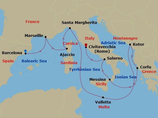 11 Night - Mediterranean with Greek Isles & Italy - Enchanted Princess - Starting in Barcelona, Spain, Marseille (Provence), France, Corsica (Ajaccio), France, Santa Margherita, Italy, Valletta, Malta, Kotor, Montenegro, Corfu, Greece, Sicily (Messina), Italy, Amalfi Coast (Salerno), Civitavecchia (for Rome), Italy itinerary map