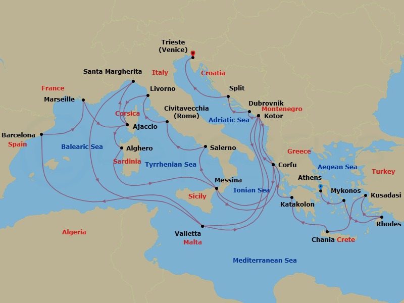 32 Night - The Best of the Mediterranean - Enchanted Princess - Starting in Athens (Piraeus), Greece, Mykonos, Greece, Rhodes, Greece, Kusadasi, Turkey (for Ephesus), Crete (Chania), Greece, Katakolon (for Olympia), Greece, Corfu, Greece, Kotor, Montenegro, Valletta, Malta, Barcelona, Spain, Marseille (Provence), France, Corsica (Ajaccio), France, Santa Margherita, Italy, Valletta, Malta, Kotor, Montenegro, Corfu, Greece, Sicily (Messina), Italy, Amalfi Coast (Salerno), Civitavecchia (for Rome), Italy, Livorno (for Florence / Pisa), Italy, Corsica (Ajaccio), France, Sardinia (Alghero), Italy, Sicily (Messina), Italy, Corfu, Greece, Kotor, Montenegro, Dubrovnik, Croatia, Split, Croatia, Trieste (for Venice), Italy itinerary map