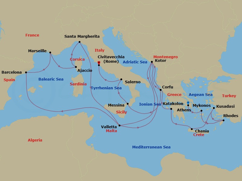 22 Night - The Best of the Mediterranean - Enchanted Princess - Starting in Athens (Piraeus), Greece, Mykonos, Greece, Rhodes, Greece, Kusadasi, Turkey (for Ephesus), Crete (Chania), Greece, Katakolon (for Olympia), Greece, Corfu, Greece, Kotor, Montenegro, Valletta, Malta, Barcelona, Spain, Marseille (Provence), France, Corsica (Ajaccio), France, Santa Margherita, Italy, Valletta, Malta, Kotor, Montenegro, Corfu, Greece, Sicily (Messina), Italy, Amalfi Coast (Salerno), Civitavecchia (for Rome), Italy itinerary map