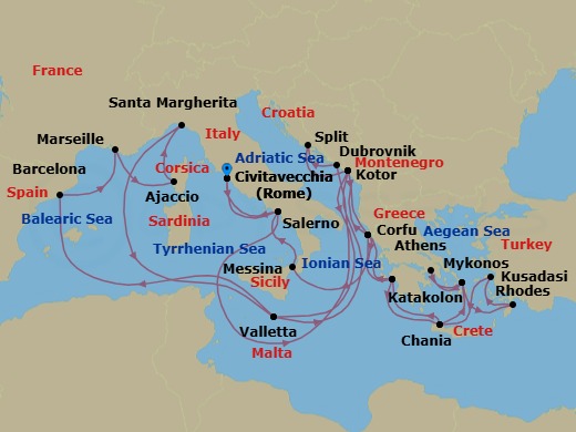 32 Night - The Best of the Mediterranean - Enchanted Princess - Starting in Civitavecchia (for Rome), Italy, Amalfi Coast (Salerno), Dubrovnik, Croatia, Split, Croatia, Kotor, Montenegro, Corfu, Greece, Katakolon (for Olympia), Greece, Crete (Chania), Greece, Mykonos, Greece, Athens (Piraeus), Greece, Mykonos, Greece, Rhodes, Greece, Kusadasi, Turkey (for Ephesus), Crete (Chania), Greece, Katakolon (for Olympia), Greece, Corfu, Greece, Kotor, Montenegro, Valletta, Malta, Barcelona, Spain, Marseille (Provence), France, Corsica (Ajaccio), France, Santa Margherita, Italy, Valletta, Malta, Kotor, Montenegro, Corfu, Greece, Sicily (Messina), Italy, Amalfi Coast (Salerno), Civitavecchia (for Rome), Italy itinerary map
