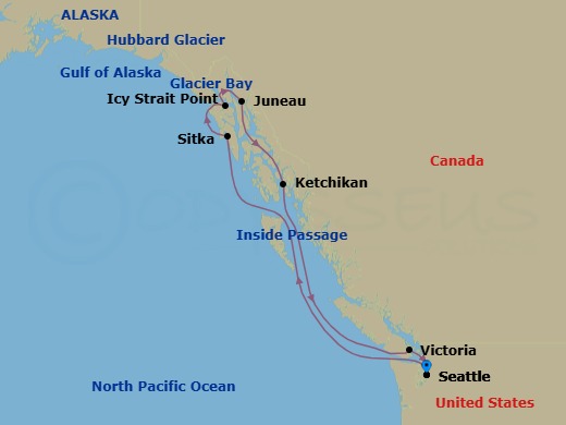 10 Night - Alaska - Seattle - Norwegian Joy - Starting in Seattle, Wa, Sitka, Ak, Cruise Glacier Bay, Ak, Cruise Hubbard Glacier, Ak, Icy Strait Point, Ak, Juneau, Ak, Ketchikan (Ward Cove), Ak, Victoria CA, Canada, Seattle, Wa itinerary map