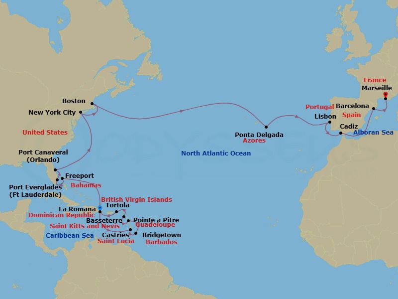30 Night - Caribbean from La Romana to Marseille - Costa Fascinosa - Starting in La Romana, Castries, Bridgetown, Barbados, Pointe-a-Pitre, Basseterre, Saint Kitts, Road Harbour (Tortola), La Romana, Freeport, Port Everglades, Port Canaveral, New York, Boston, Ponta Delgada (Azores), Lisbon, Cadiz, Barcelona, Marseille itinerary map