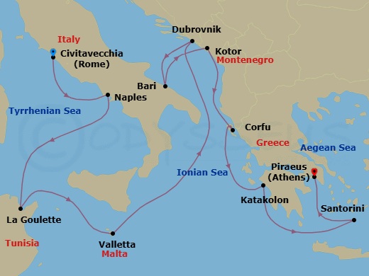13 Night - Isles in Autumn - Seven Seas Mariner - Starting in Rome (Civitavecchia), Naples / Pompeii, Cruising the Mediterranean Sea, La Goulette, Valletta, Cruising the Ionian Sea, Dubrovnik, Croatia, Bari, Kotor, Corfu, Katakolon, Santorini, Cruising the Aegean Sea, Athens (Piraeus) itinerary map