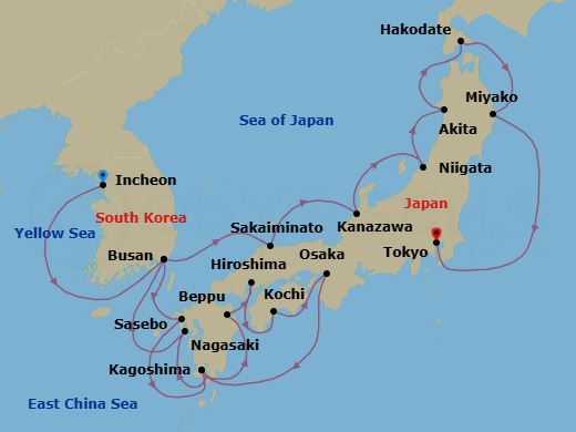 22 Night - Asia and Asia Pacific from Seoul to Tokyo - Silver Whisper - Starting in Incheon, Busan, Sasebo, Kagoshima, Beppu, Hiroshima, Kochi, Osaka, Kagoshima, Nagasaki, Busan, Sakaiminato, Kanazawa, Niigata, Akita, Hakodate, Miyako, Tokyo itinerary map