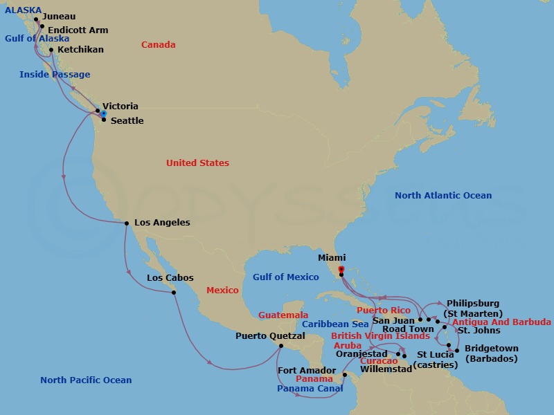 40 Night - Seattle to Miami - Queen Elizabeth - Starting in Seattle, WA, Ketchikan, AK, Juneau, AK, Endicott Arm, AK, (Scenic Cruising), Victoria CA, Canada, Seattle, WA, Los Angeles, CA, Cabo San Lucas, Mexico, Puerto Quetzal, Guatemala, Fuerte Amador (tours to Panama City), Panama, Transit the Panama Canal, Panama (Full Transit), Willemstad AN, Curacao, Oranjestad, Aruba, Miami, FL, San Juan, Puerto Rico, St Johns AG, Antigua, Castries, St Lucia, Bridgetown, Barbados, Philipsburg, St Maarten, Road Town, Tortola, Miami, FL itinerary map