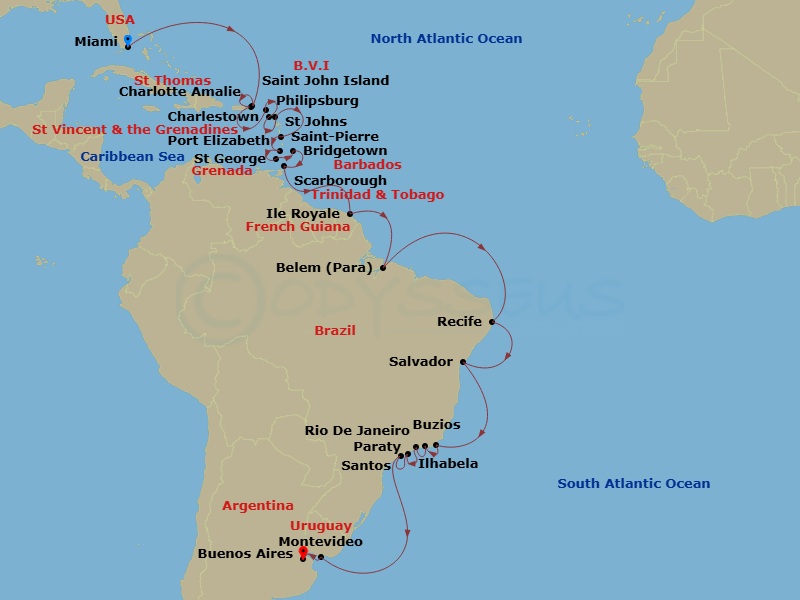 34 Night - South America Combination Cruise : Miami, Rio De Janeiro & Buenos Aires - Azamara Journey - Starting in Miami, Florida, St John VI, US Virgin Islands, Charlotte Amalie, St Thomas, Philipsburg, Charlestown, Nevis, St Johns AG, Saint-Pierre, Port Elizabeth VC, Bequia, Saint Georges, Grenada, Bridgetown, Scarborough, Tobago, Isle Royale, French Guiana, Belem, Recife, Salvador De Bahia, Buzios, Brazil, Rio De Janeiro, Paraty, Ilhabela, Brazil, Santos (Sao Paulo), Montevideo, Buenos Aires itinerary map