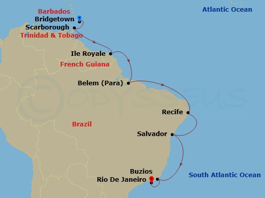 13 Night - Rio Carnaval Cruise : Bridgetown, Ile Royale & Rio De Janeiro - Azamara Journey - Starting in Bridgetown, Scarborough, Tobago, Isle Royale, French Guiana, Belem, Recife, Salvador De Bahia, Buzios, Brazil, Rio De Janeiro itinerary map