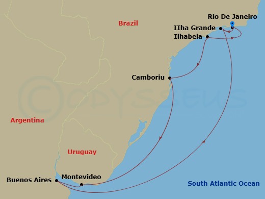 9 Night - South America Roundtrip from Rio De Janeiro - Costa Serena - Starting in Rio de Janeiro, Brazil, Baia De Copacabana, Abraao (Ilha Grande), Buenos Aires, Argentina, Montevideo, Uruguay, Camboriu, Brazil, Camboriu Bay, Ilhabela, Brazil, Rio de Janeiro, Brazil itinerary map