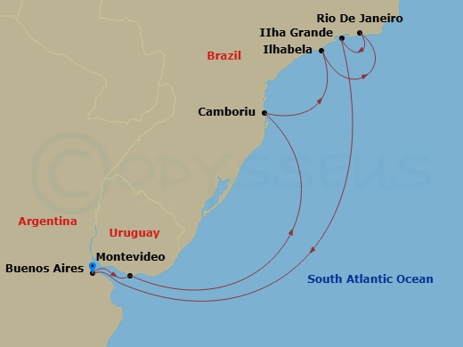 9 Night - South America Roundtrip from Buenos Aires - Costa Serena - Starting in Buenos Aires, Argentina, Montevideo, Uruguay, Camboriu, Brazil, Camboriu Bay, Ilhabela, Brazil, Rio de Janeiro, Brazil, Baia De Copacabana, Abraao (Ilha Grande), Buenos Aires, Argentina itinerary map