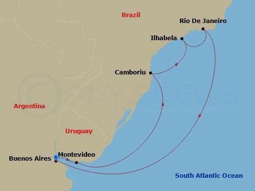 8 Night - South America Roundtrip from Buenos Aires - Costa Serena - Starting in Buenos Aires, Argentina, Montevideo, Uruguay, Camboriu, Brazil, Camboriu Bay, Ilhabela, Brazil, Rio de Janeiro, Brazil, Buenos Aires, Argentina itinerary map