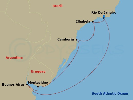 8 Night - South America Roundtrip from Rio De Janeiro - Costa Serena - Starting in Rio de Janeiro, Brazil, Buenos Aires, Argentina, Montevideo, Uruguay, Camboriu, Brazil, Camboriu Bay, Ilhabela, Brazil, Rio de Janeiro, Brazil itinerary map