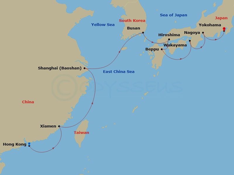 15 Night - Asia and Asia Pacific from Hong Kong to Yokohama - Crystal Serenity - Starting in Hong Kong, Xiamen, Shanghai, Busan, Hiroshima, Beppu (Kyushu Island), Wakayama, Nagoya, Yokohama (Tokyo) itinerary map