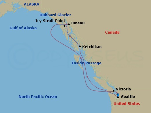 7 Night - Alaska - Seattle - Norwegian Joy - Starting in Seattle, Wa, Juneau, Ak, Cruise Hubbard Glacier, Ak, Icy Strait Point, Ak, Ketchikan (Ward Cove), Ak, Victoria CA, Canada, Seattle, Wa itinerary map