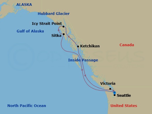 7 Night - Alaska - Seattle - Norwegian Joy - Starting in Seattle, Wa, Sitka, Ak, Cruise Hubbard Glacier, Ak, Icy Strait Point, Ak, Ketchikan (Ward Cove), Ak, Victoria CA, Canada, Seattle, Wa itinerary map
