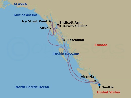 7 Night - Alaska - Seattle - Norwegian Joy - Starting in Seattle, Wa, Sitka, Ak, Endicott Arm / Dawes Glacier, Icy Strait Point, Ak, Ketchikan (Ward Cove), Ak, Victoria CA, Canada, Seattle, Wa itinerary map