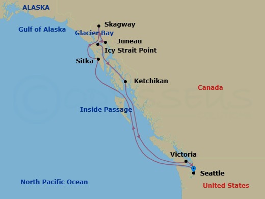 10 Night - Alaska - Seattle - Norwegian Joy - Starting in Seattle, Wa, Sitka, Ak, Skagway, Ak, Cruise Glacier Bay, Ak, Juneau, Ak, Icy Strait Point, Ak, Ketchikan (Ward Cove), Ak, Victoria CA, Canada, Seattle, Wa itinerary map