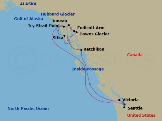 10 Night - Alaska - Seattle - Norwegian Joy - Starting in Seattle, Wa, Icy Strait Point, Ak, Cruise Hubbard Glacier, Ak, Sitka, Ak, Juneau, Ak, Endicott Arm / Dawes Glacier, Ketchikan (Ward Cove), Ak, Victoria CA, Canada, Seattle, Wa itinerary map