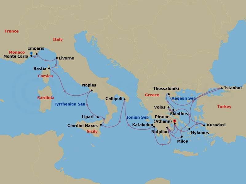 24 Night - Cruise from Monte Carlo to Athens - Silver Shadow - Starting in Monte Carlo, Imperia, Livorno, Bastia, Naples, Lipari Island, Giardini Naxos, Gallipoli, Katakolon, Nafplion, Athens, Nafplion, Milos, Volos, Skiathos, Thessaloniki, Istanbul, Kusadasi, Mykonos, Athens itinerary map