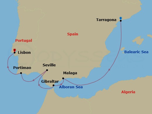7 Night - Spain & Portugal Cruise : Barcelona, Seville & Lisbon - Azamara Journey - Starting in Tarragona, Malaga, Gibraltar, Seville, Portimao, Lisbon itinerary map
