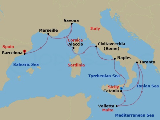 10 Night - Southern Europe from Catania to Barcelona - Costa Serena - Starting in Catania (Sicily), Etna skyline, Taranto, Italy, La Valletta, Malta, Catania (Sicily), Naples, Italy, Civitavecchia / Rome, Ajaccio (Corsica), Savona, Italy, Marseille, France, Barcelona, Spain itinerary map