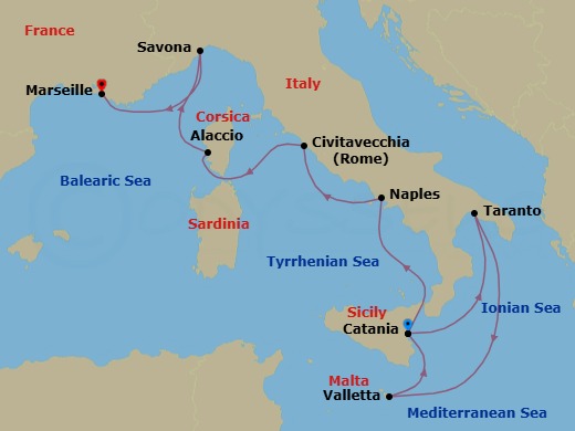 9 Night - Cruise from Catania to Marseille - Costa Serena - Starting in Catania (Sicily), Etna skyline, Taranto, Italy, La Valletta, Malta, Catania (Sicily), Naples, Italy, Civitavecchia / Rome, Ajaccio (Corsica), Savona, Italy, Marseille, France itinerary map