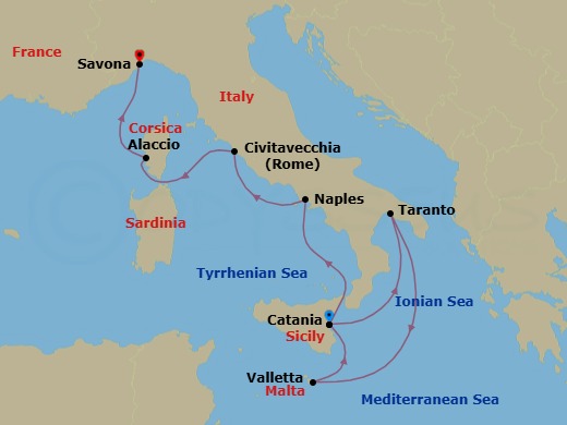 8 Night - Southern Europe from Catania to Savona - Costa Serena - Starting in Catania (Sicily), Etna skyline, Taranto, Italy, La Valletta, Malta, Catania (Sicily), Naples, Italy, Civitavecchia / Rome, Ajaccio (Corsica), Savona, Italy itinerary map