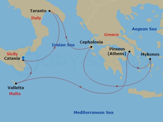 7 Night - Europe Roundtrip from Catania - Costa Serena - Starting in Catania (Sicily), Etna skyline, Taranto, Italy, Argostoli / Cephalonia, Greece, Mykonos, Greece, Mykonos bay, Piraeus / Athens, Greece, Cape Sounion, La Valletta, Malta, Catania (Sicily) itinerary map