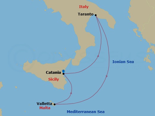 4 Night - Europe Roundtrip from Catania - Costa Serena - Starting in Catania (Sicily), Etna skyline, Taranto, Italy, La Valletta, Malta, Catania (Sicily) itinerary map