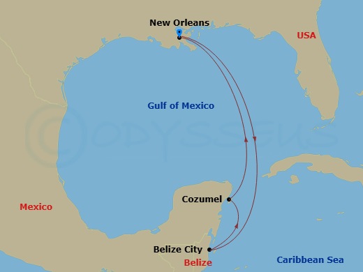 6 Night - Western Caribbean - Carnival Liberty - Starting in New Orleans, La, Belize, Cozumel, Mexico, New Orleans, La itinerary map