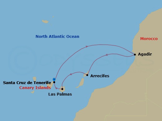 6 Night - Western Mediterranean from Santa Cruz (Tenerife) - Costa Smeralda - Starting in Santa Cruz de Tenerife, Agadir, Arrecife (Lanzarote), Las Palmas (Gran Canaria), Santa Cruz de Tenerife itinerary map