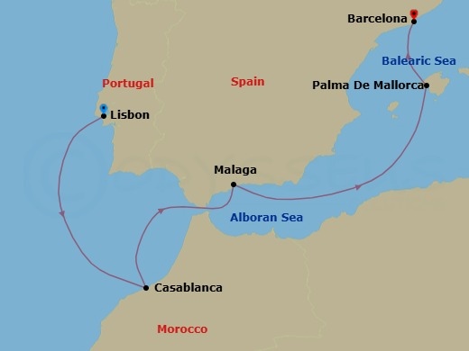 7 Night - Msc Grand Voyages - MSC Seaview - Starting in Lisbon (Cascais), Portugal, Casablanca (Marrakesh), Morocco, Malaga (Granada), Spain, Palma De Mallorca (Baleari Is), Spain, Barcelona, Spain itinerary map